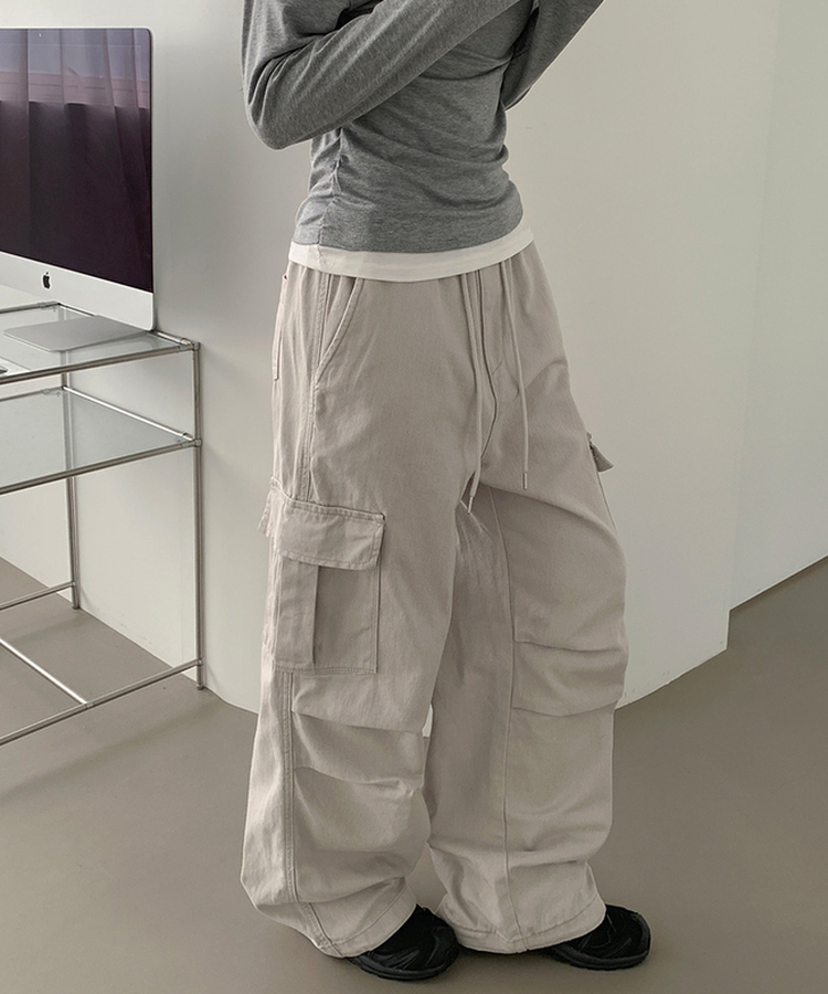 3XL코튼 투웨이 포켓 무릎 셔링 와이드 밴딩 팬츠 다크그레이