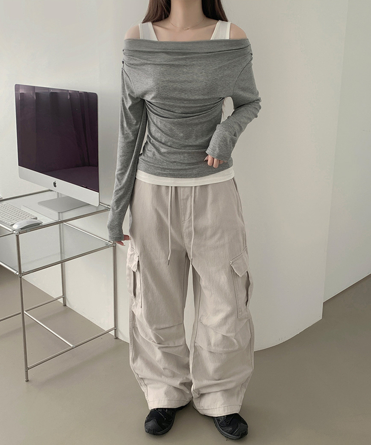 3XL코튼 투웨이 포켓 무릎 셔링 와이드 밴딩 팬츠 다크그레이