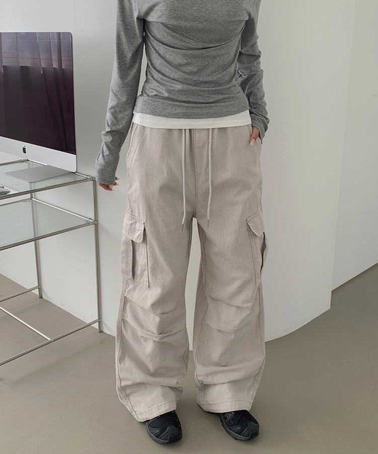 3XL코튼 투웨이 포켓 무릎 셔링 와이드 밴딩 팬츠 다크그레이