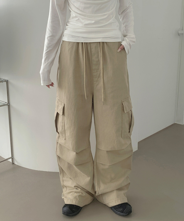 3XL코튼 투웨이 포켓 무릎 셔링 와이드 밴딩 팬츠 진베이지