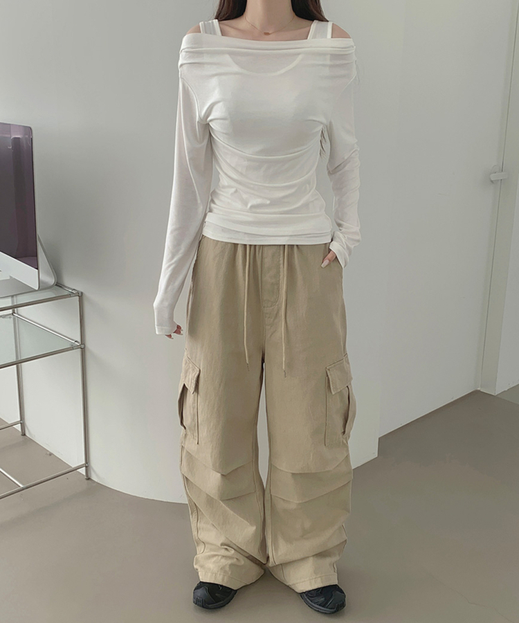 3XL코튼 투웨이 포켓 무릎 셔링 와이드 밴딩 팬츠 진베이지