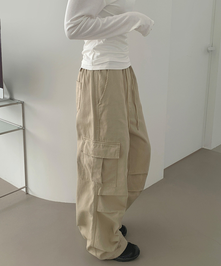 3XL코튼 투웨이 포켓 무릎 셔링 와이드 밴딩 팬츠 진베이지
