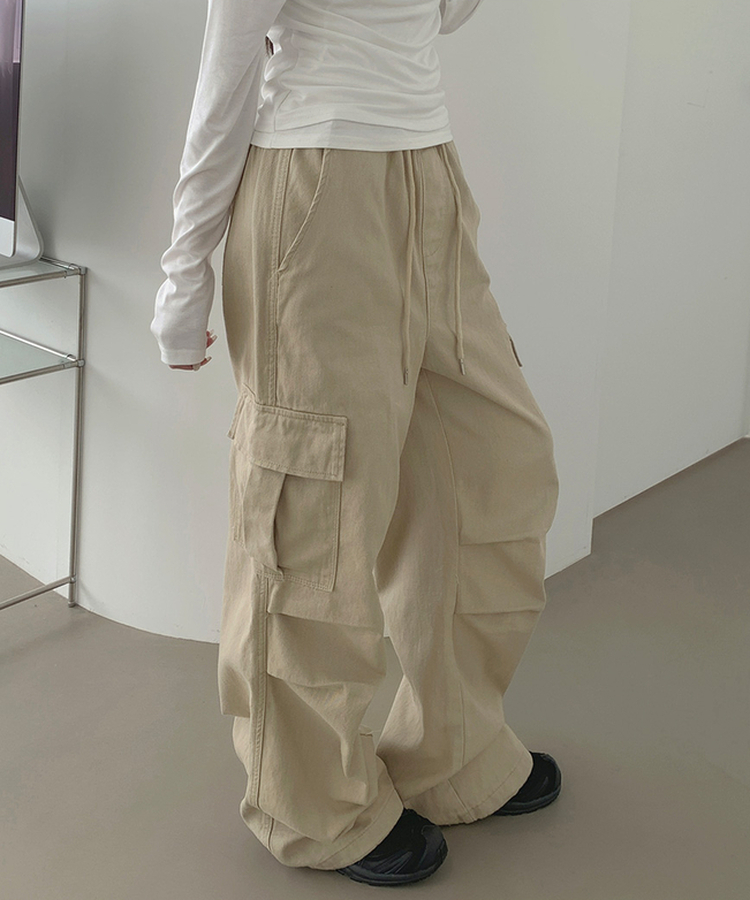 3XL코튼 투웨이 포켓 무릎 셔링 와이드 밴딩 팬츠 진베이지