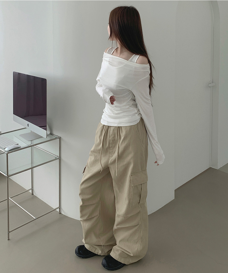 3XL코튼 투웨이 포켓 무릎 셔링 와이드 밴딩 팬츠 진베이지