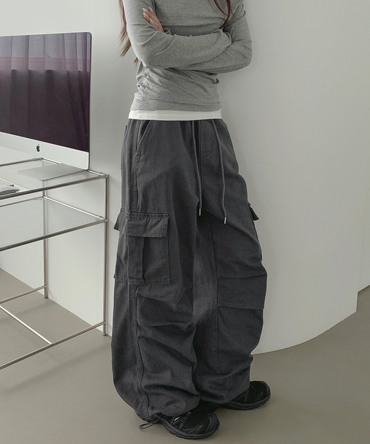3XL코튼 투웨이 포켓 무릎 셔링 와이드 밴딩 팬츠 차콜