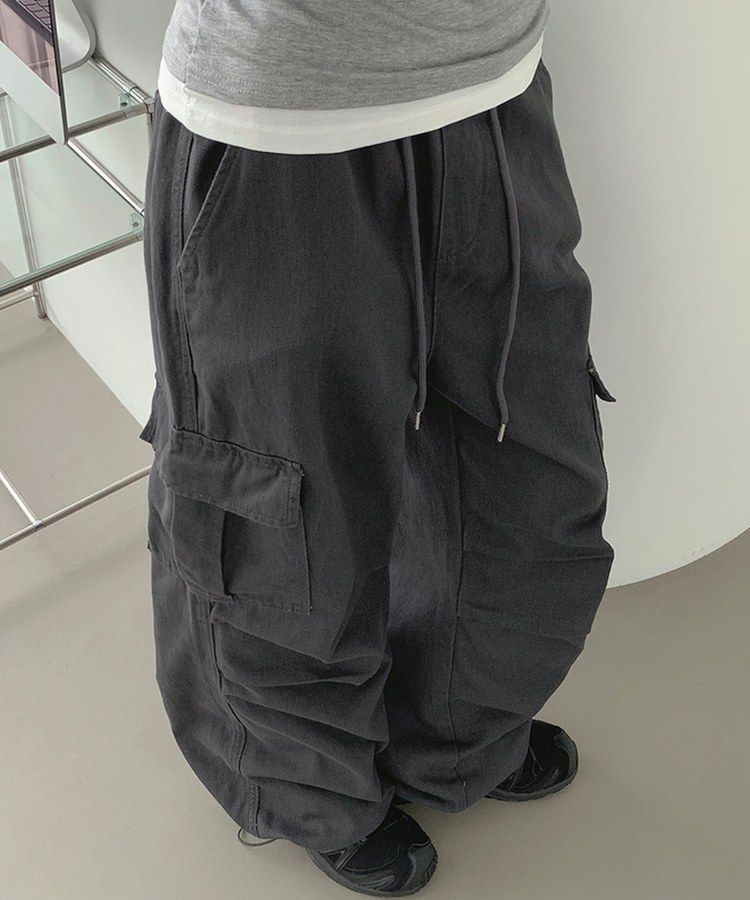 3XL코튼 투웨이 포켓 무릎 셔링 와이드 밴딩 팬츠 차콜