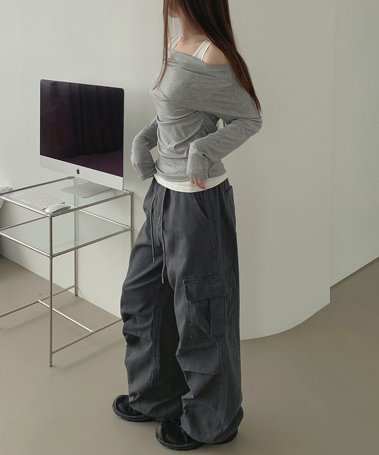 3XL코튼 투웨이 포켓 무릎 셔링 와이드 밴딩 팬츠 차콜