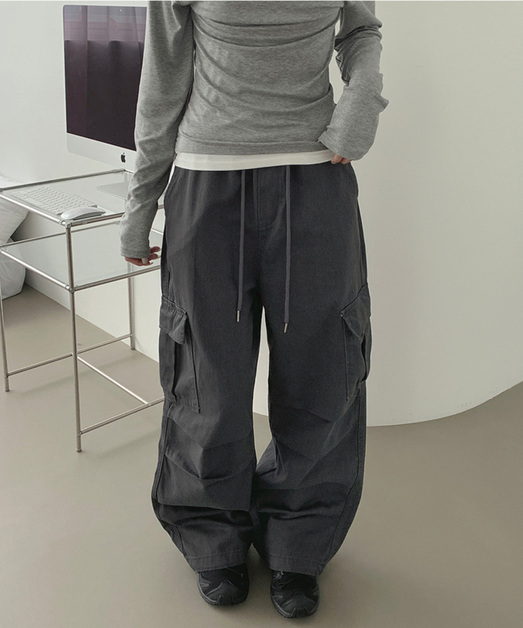 3XL코튼 투웨이 포켓 무릎 셔링 와이드 밴딩 팬츠 차콜