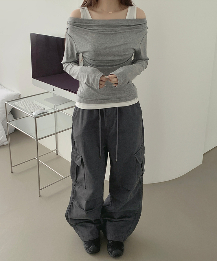 3XL코튼 투웨이 포켓 무릎 셔링 와이드 밴딩 팬츠 차콜