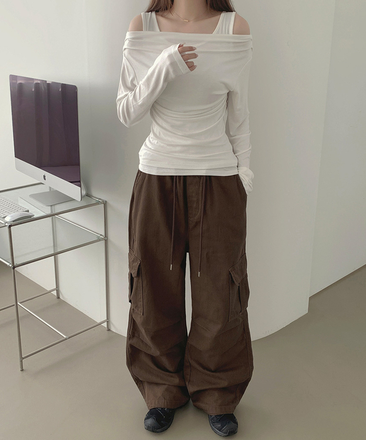 3XL코튼 투웨이 포켓 무릎 셔링 와이드 밴딩 팬츠 브라운