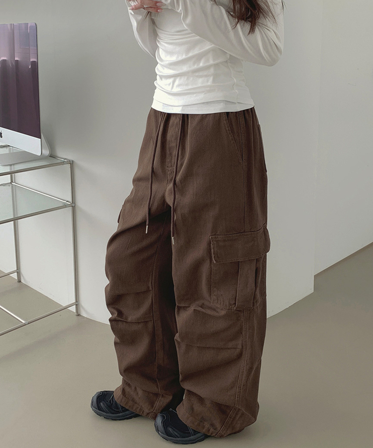 3XL코튼 투웨이 포켓 무릎 셔링 와이드 밴딩 팬츠 브라운