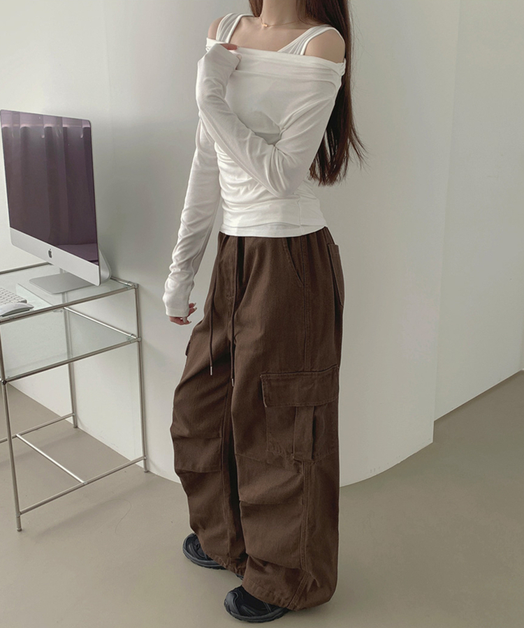 3XL코튼 투웨이 포켓 무릎 셔링 와이드 밴딩 팬츠 브라운