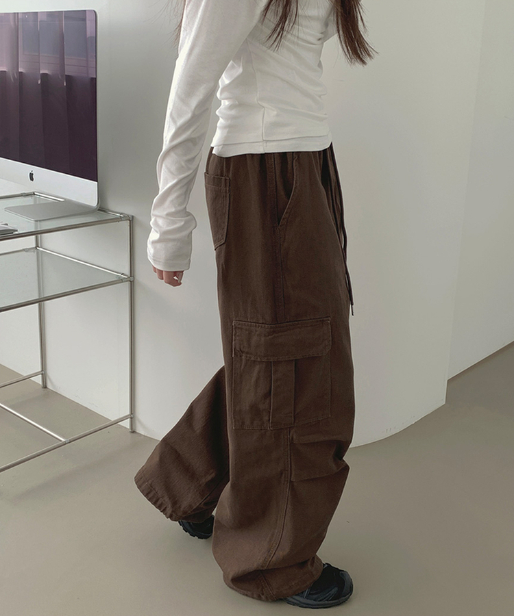 3XL코튼 투웨이 포켓 무릎 셔링 와이드 밴딩 팬츠 브라운