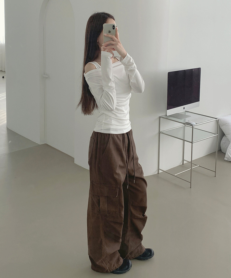 3XL코튼 투웨이 포켓 무릎 셔링 와이드 밴딩 팬츠 브라운