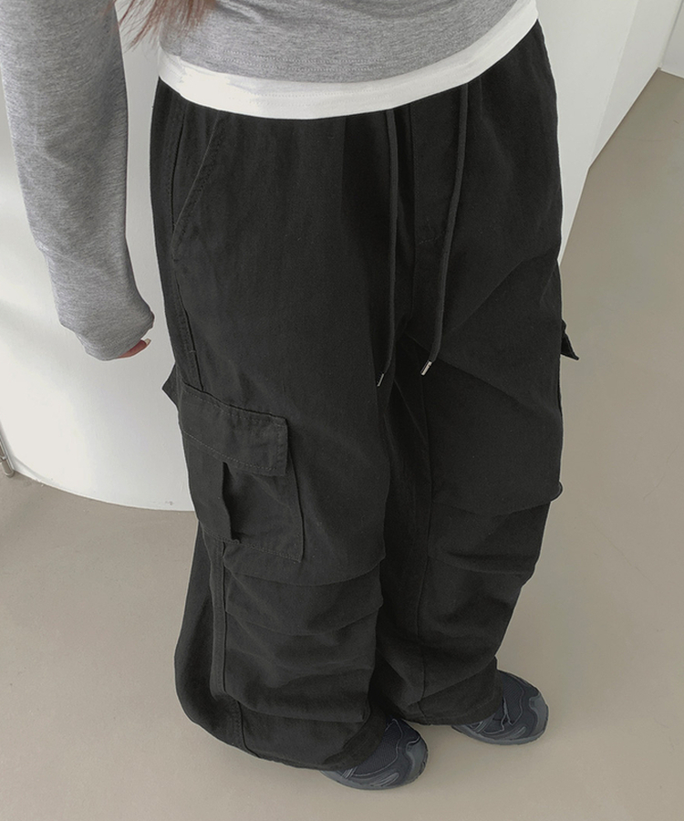 3XL코튼 투웨이 포켓 무릎 셔링 와이드 밴딩 팬츠 블랙