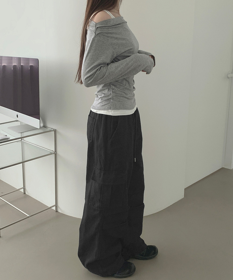 3XL코튼 투웨이 포켓 무릎 셔링 와이드 밴딩 팬츠 블랙