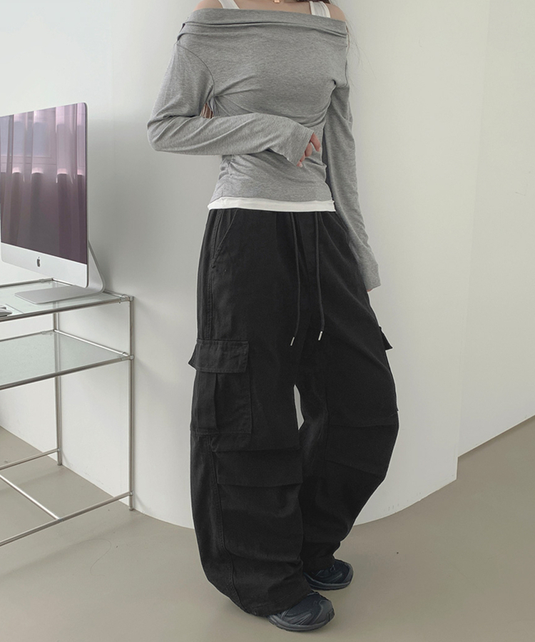 3XL코튼 투웨이 포켓 무릎 셔링 와이드 밴딩 팬츠 블랙