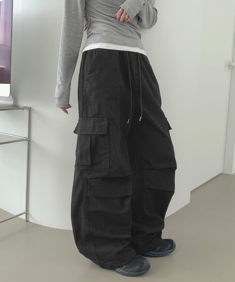 3XL코튼 투웨이 포켓 무릎 셔링 와이드 밴딩 팬츠 블랙