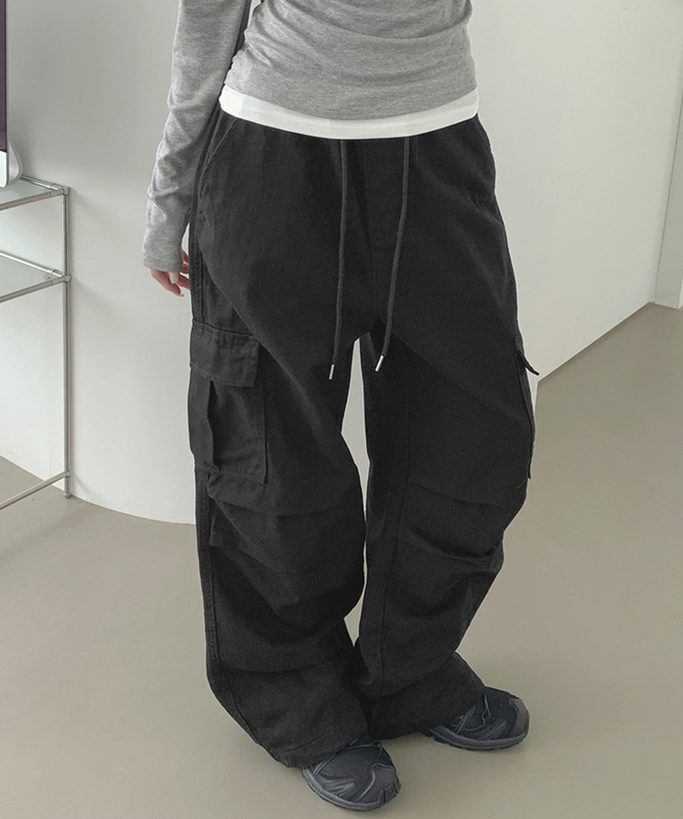 3XL코튼 투웨이 포켓 무릎 셔링 와이드 밴딩 팬츠 블랙