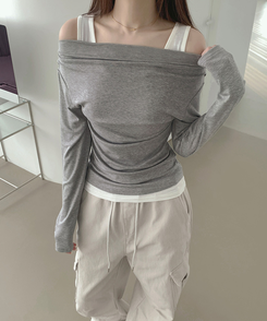ドレープオフショルダーレイヤードTシャツ GREY