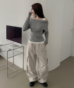 ドレープオフショルダーレイヤードTシャツ GREY