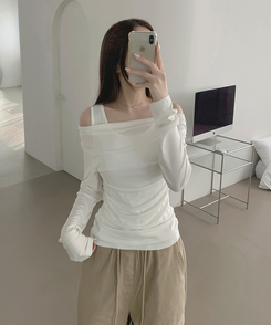 ドレープオフショルダーレイヤードTシャツ WHITE