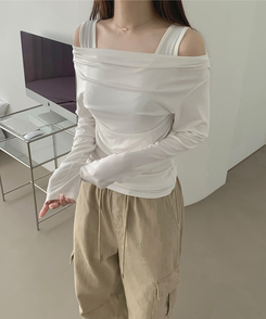 ドレープオフショルダーレイヤードTシャツ WHITE