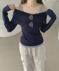 ドレープオフショルダーレイヤードTシャツ NAVY