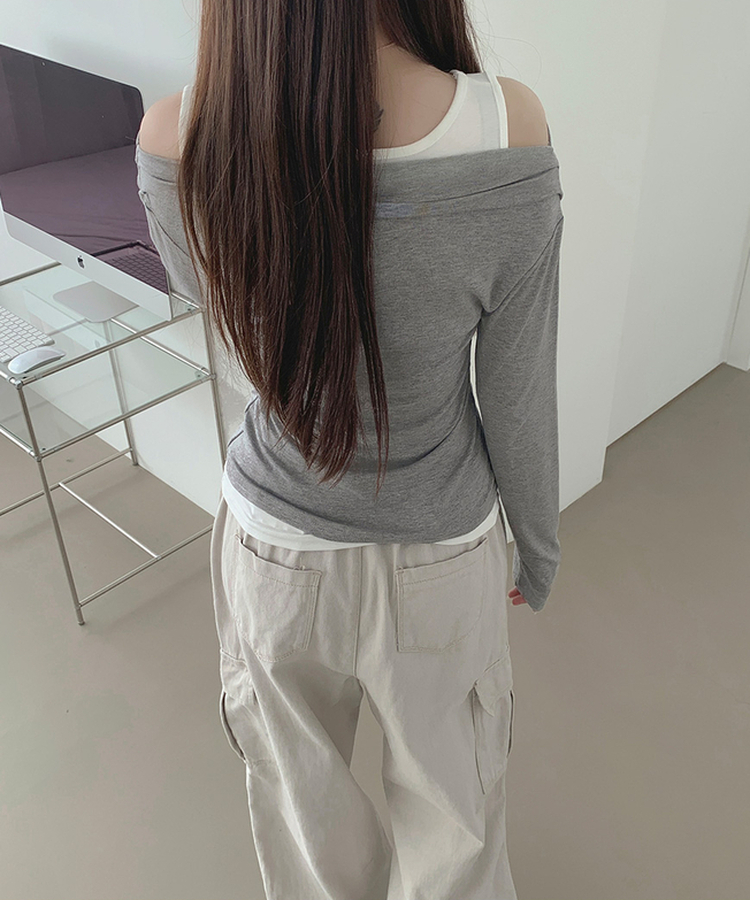 ドレープオフショルダーレイヤードTシャツ GREY