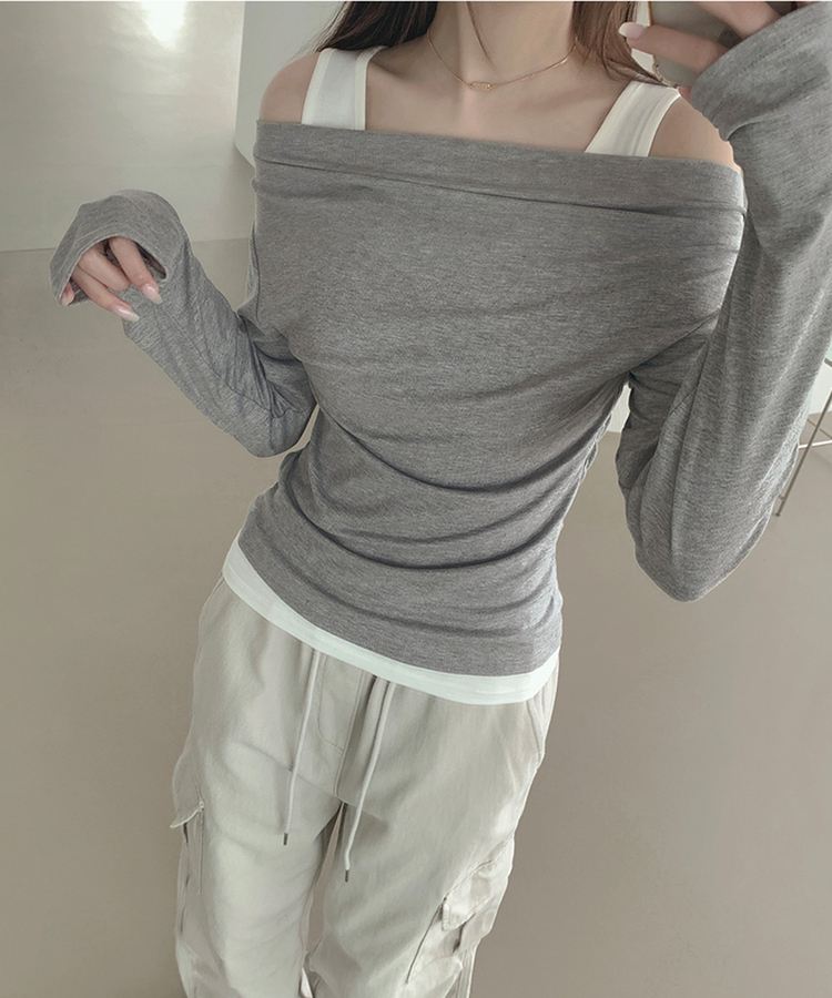 ドレープオフショルダーレイヤードTシャツ GREY