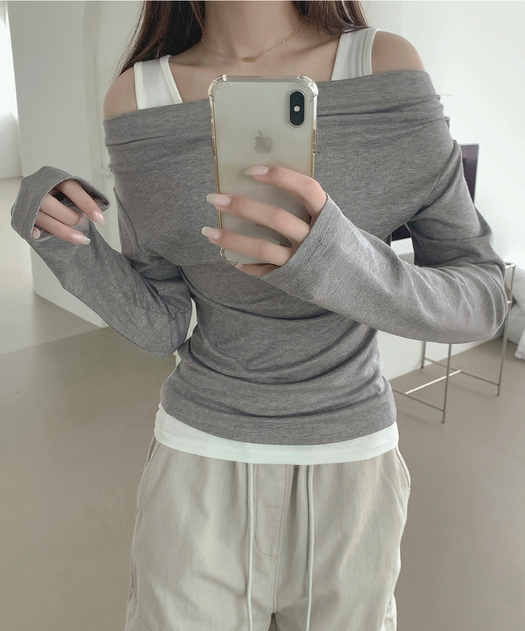 ドレープオフショルダーレイヤードTシャツ GREY