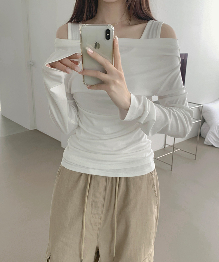 ドレープオフショルダーレイヤードTシャツ WHITE