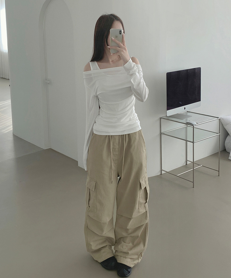 ドレープオフショルダーレイヤードTシャツ WHITE