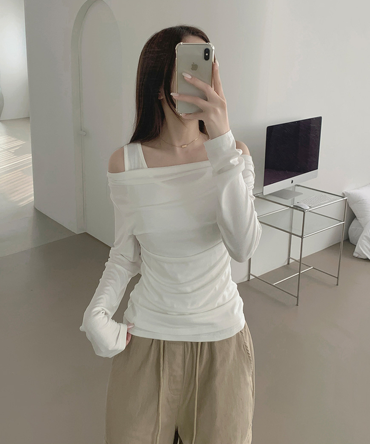 ドレープオフショルダーレイヤードTシャツ WHITE