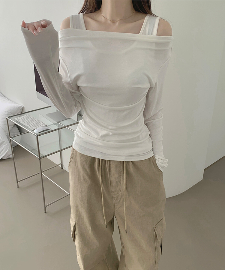ドレープオフショルダーレイヤードTシャツ WHITE