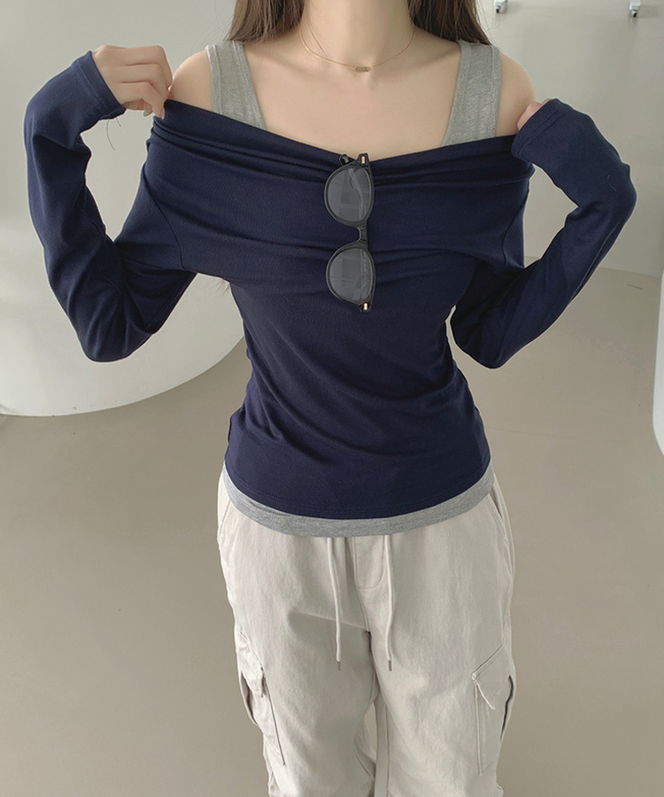 ドレープオフショルダーレイヤードTシャツ NAVY