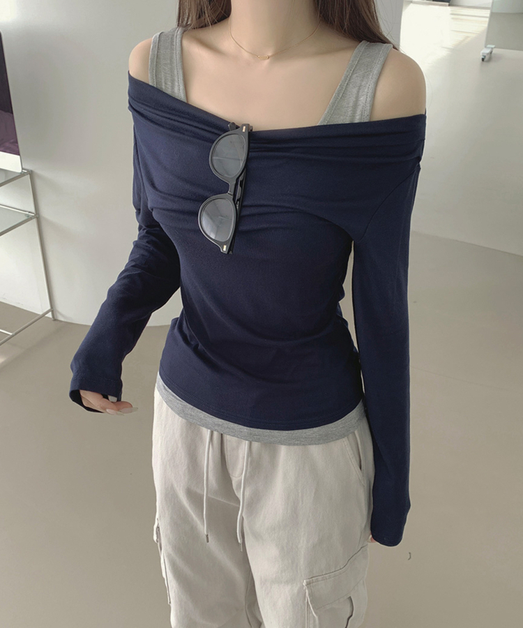 ドレープオフショルダーレイヤードTシャツ NAVY