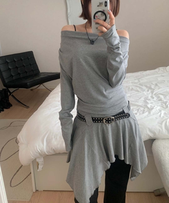 【ベルト付き】ドレープアンバランスワンピース GREY