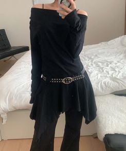 【ベルト付き】ドレープアンバランスワンピース BLACK