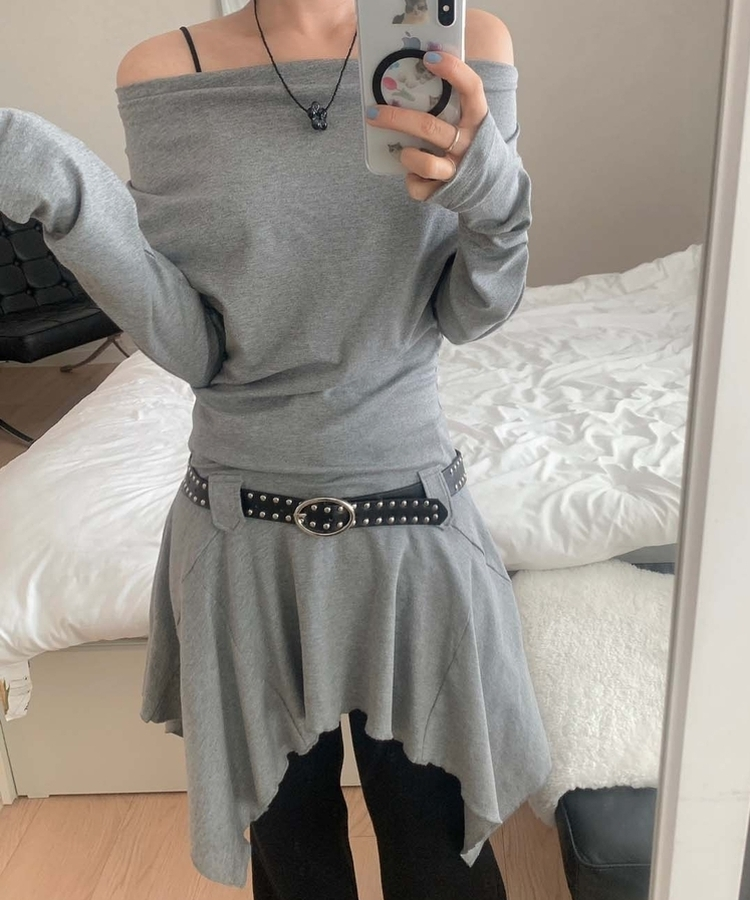 【ベルト付き】ドレープアンバランスワンピース GREY