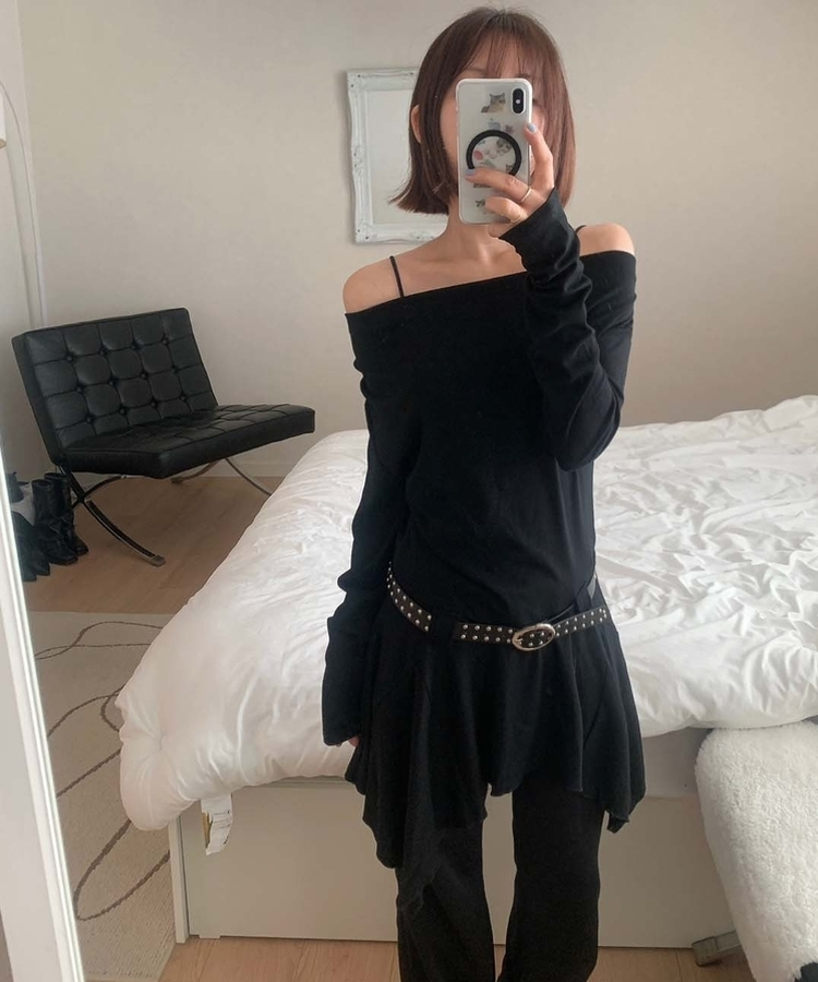 【ベルト付き】ドレープアンバランスワンピース BLACK