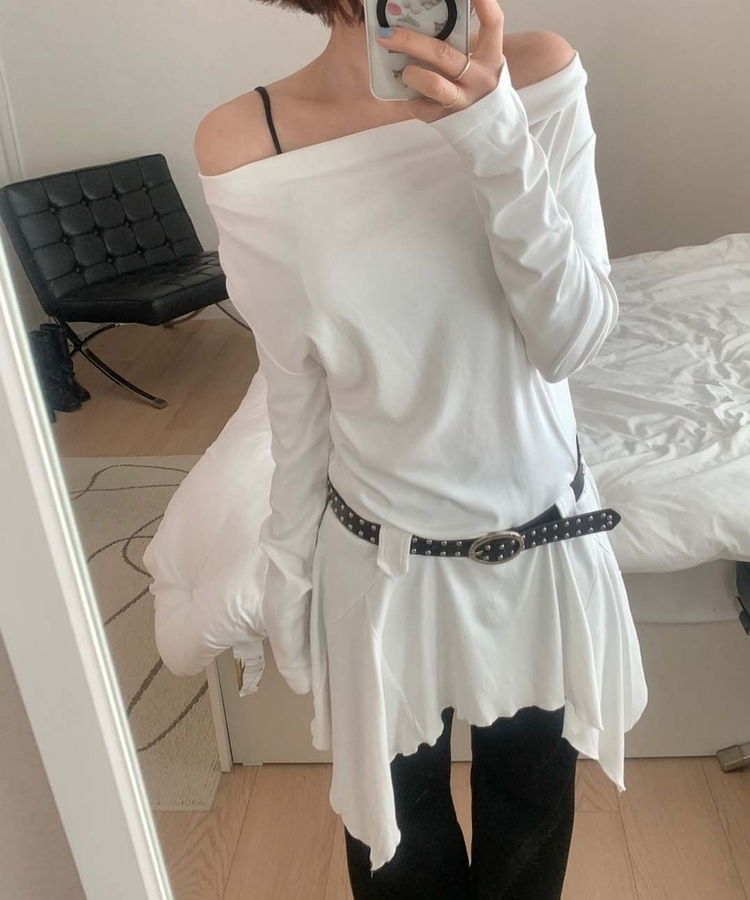 【ベルト付き】ドレープアンバランスワンピース WHITE