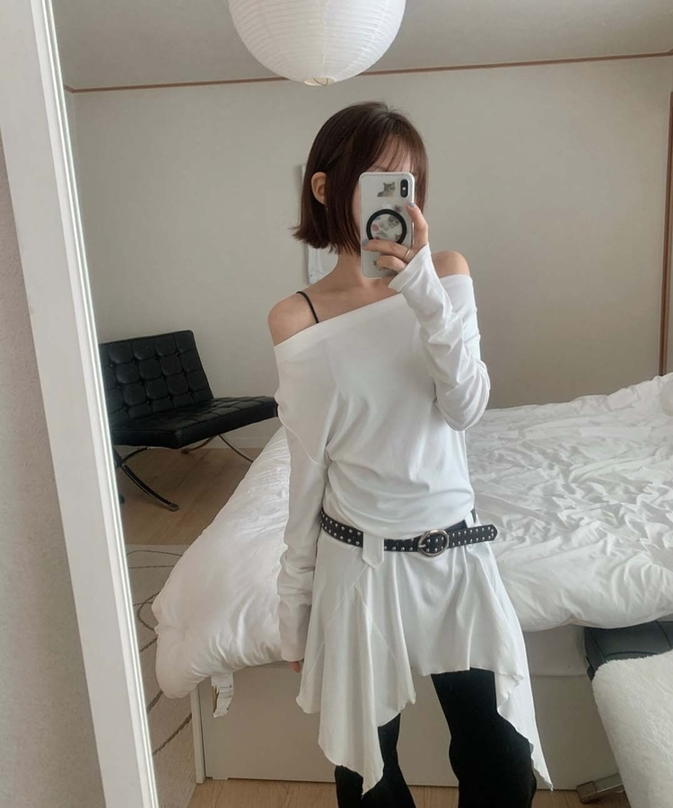 【ベルト付き】ドレープアンバランスワンピース WHITE