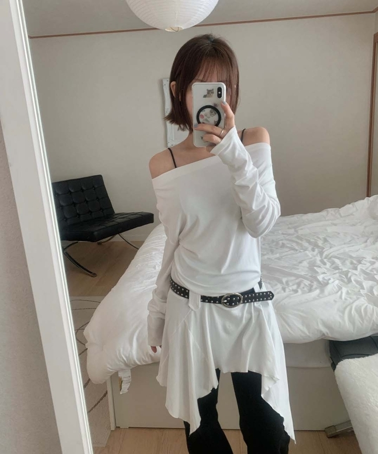 【ベルト付き】ドレープアンバランスワンピース WHITE