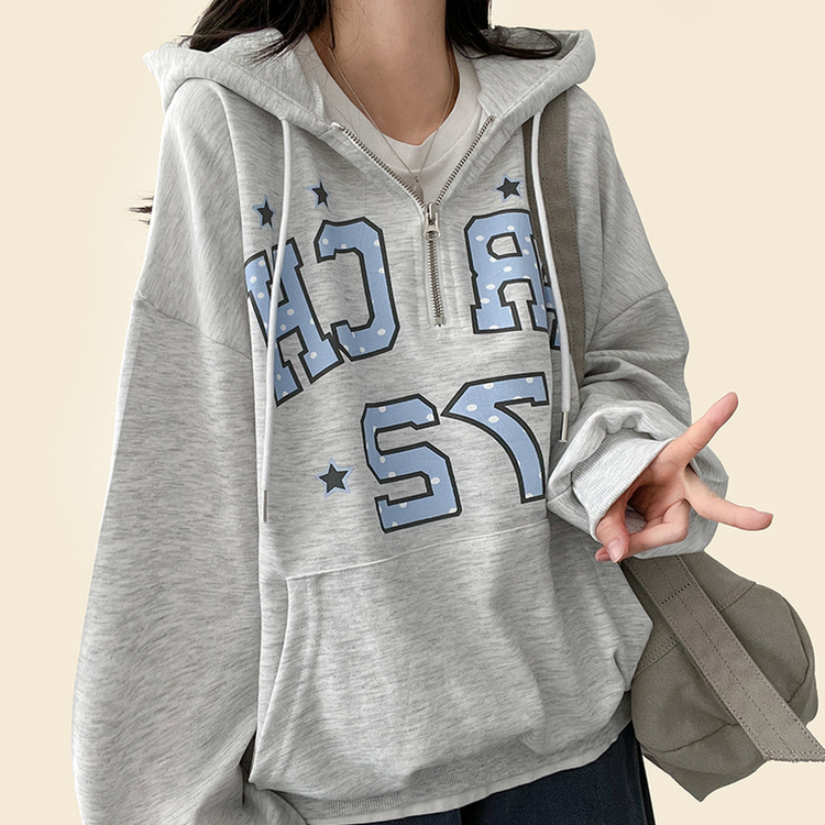 ドットレタリングハーフジップフード MELANGE WHITE