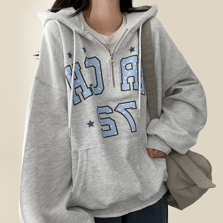 ドットレタリングハーフジップフード MELANGE WHITE