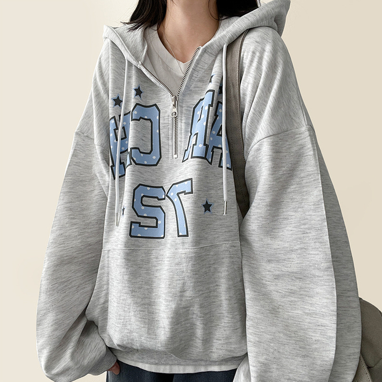 ドットレタリングハーフジップフード MELANGE WHITE