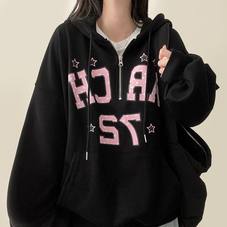 ドットレタリングハーフジップフード BLACK