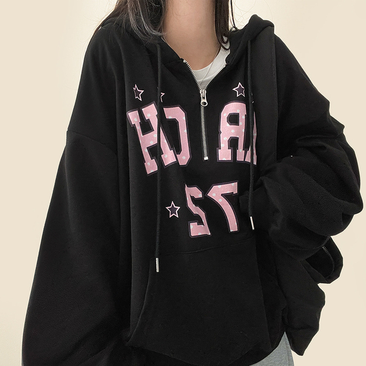 ドットレタリングハーフジップフード BLACK