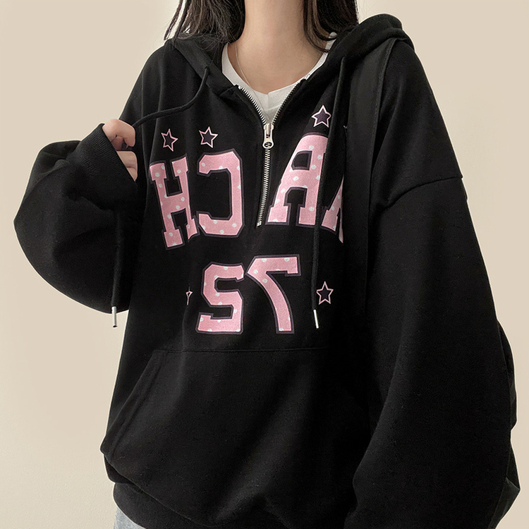 ドットレタリングハーフジップフード BLACK